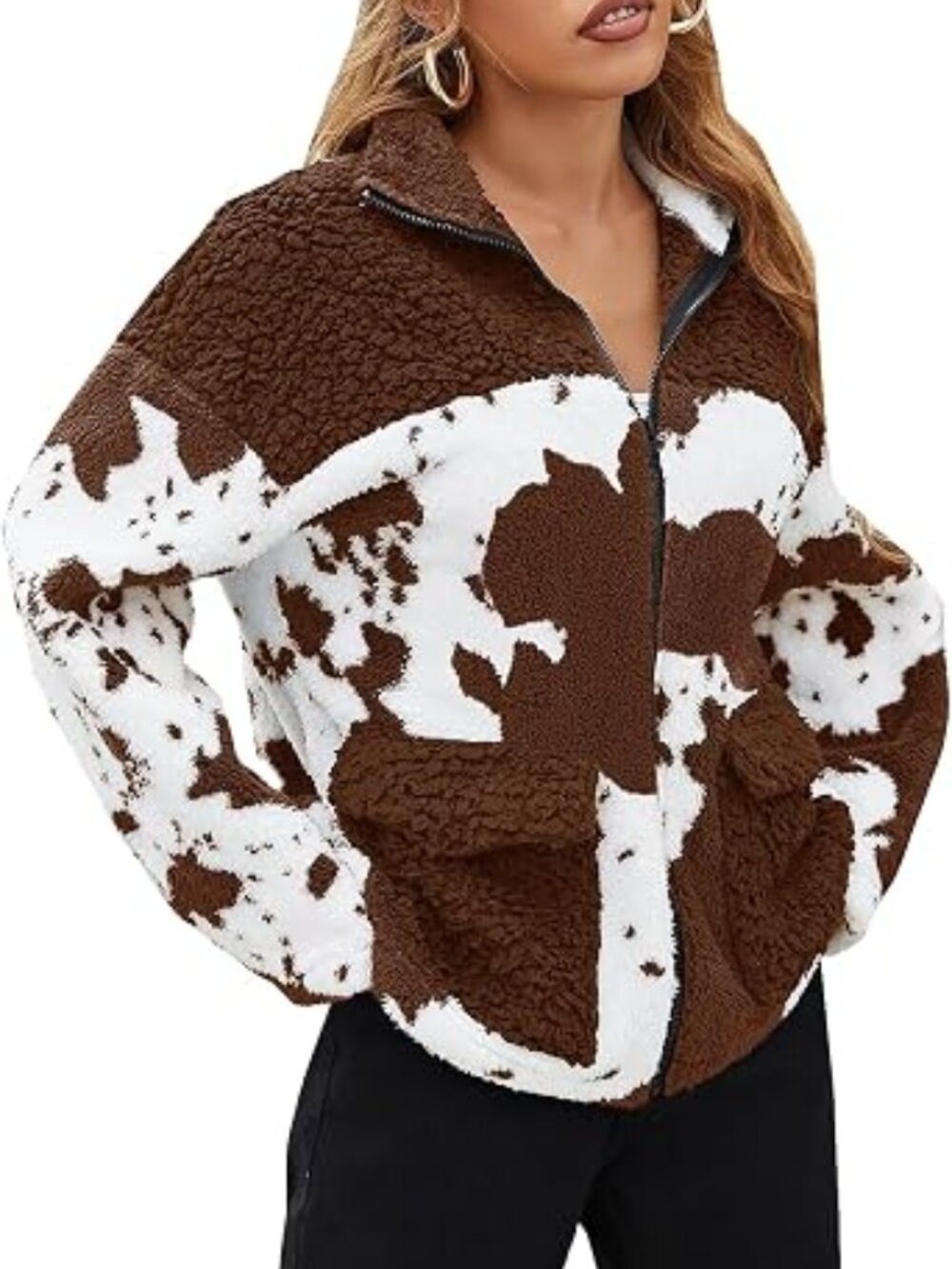 EARKOHA Cow Print Sherpa Fleece Jacket